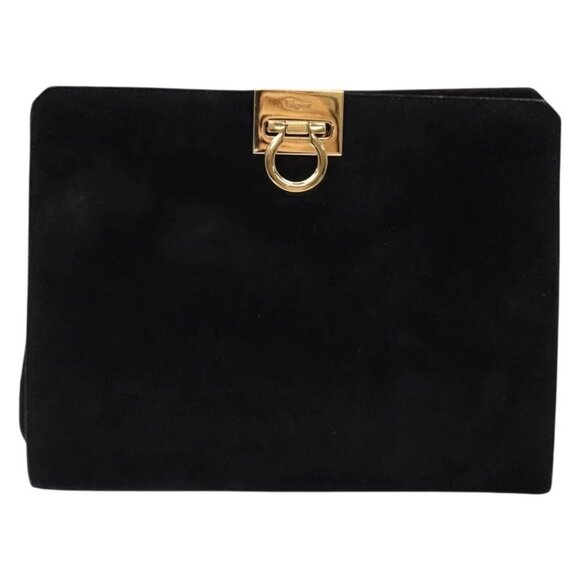 Salvatore Ferragamo Gancini Chain Shoulder Bag Suede Black Gold Auth BA5012 - Picture 13 of 15